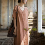 Buddha Stones Handmade Tie Dye V-Neck Midi Dress Linen Short Sleeve Dress 9