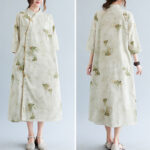 Buddha Stones Flowers Green Yellow Leaves Print Cheongsam Midi Dress Three Quarter Sleeve Dress With Pockets Cheongsam Dresses BS 6