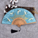 Buddha Stones Vintage Cloud Crane Pattern Handheld Bamboo Folding Fan Folding Fan BS Sky Blue
