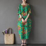 Buddha Stones Red Peony Flowers Printed Midi Dress Half Sleeve Cotton Linen Dress 12
