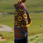 Buddha Stones Tibetan Shawl Brown Blue Red Geometric Shapes Pattern Winter Cozy Travel Scarf Wrap Tibetan Shawl BS 14