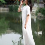 Buddha Stones Frog-Button Midi Dress Cotton Linen Short Sleeve Dress With Pockets Midi Dress BS 19