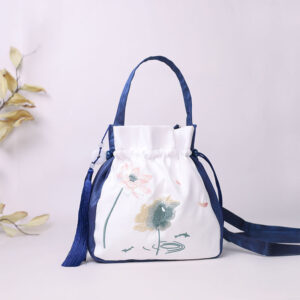 Buddha Stones Embroidered Lotus Koi Fish Crane Camellia Cotton Linen Tote Crossbody Bag Shoulder Bag Handbag Crossbody Bag BS Navy Blue White Lotus Koi Fish 20*20*7cm
