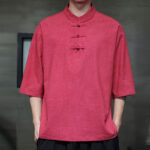 Buddha Stones Men's Chinese Frog-Button Tang Suit Half Sleeve Cotton Linen Shirt Men's Shirts BS 13