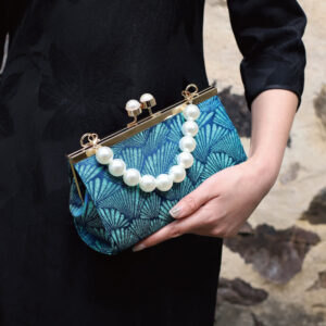 Buddha Stones Vintage Peacock Blue Leaf Pattern Pearl Metal Handbag Handbags BS Blue 20.5*12*8cm