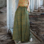 Buddha Stones Green Yellow Ramie Linen Flexible Waistband Wide Leg Pants With Pockets Women's Wide Leg Pants BS 1
