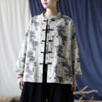 Buddha Stones Black Gray Print Frog-button Design Long Sleeve Cotton Linen Jacket Shirt With Pockets Women's Shirts BS 5