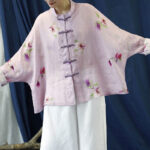 Buddha Stones Pink Flower Print Frog-button Design Batwing Long Sleeve Ramie Linen Jacket Shirt Women's Shirts BS 12