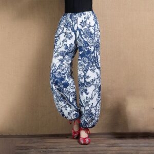 Buddha Stones Blue Tree Flowers Print Harem Pants With Pockets Women's Harem Pants BS Blue Tree(Waist 63-100cm/Hips 122cm/Length 92cm)