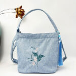 Buddha Stones Embroidery Wisteria Plum Lotus Cherry Blossom Cotton Linen Canvas Tote Crossbody Bag Shoulder Bag Handbag Crossbody Bag BS Light Blue Small Pink Flower 19*20*10cm