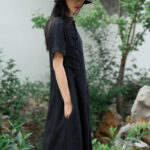 Buddha Stones Frog-Button Midi Dress Cotton Linen Short Sleeve Dress With Pockets Midi Dress BS 3