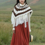 Buddha Stones Tibetan Triangular Shawl Striped Tassels Winter Cozy Travel Scarf Wrap Tibetan Shawl BS Beige 200cm*75cm