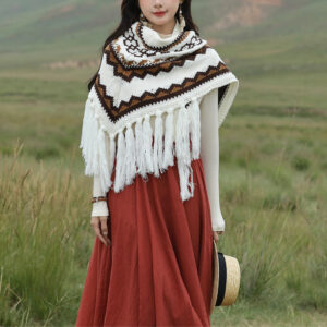 Buddha Stones Tibetan Triangular Shawl Striped Tassels Winter Cozy Travel Scarf Wrap Tibetan Shawl BS Beige 200cm*75cm