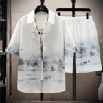 Buddha Stones Landscape Coconut Trees Magpie Pattern Short Sleeve Shorts Men's Set Men's Meditation Cloth BS 4