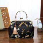 Buddha Stones Vintage Flower Butterfly Crane Sea Waves Metal Chain Crossbody Bag Shoulder Bag Handbag Handbags BS Black Golden Dragonfly 22*18*8cm