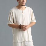Buddha Stones Men's Solid Color Round Neck Short Sleeve Cotton Linen Shirt Men's Shirts BS 12