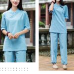 Buddha Stones 2Pcs Half Sleeve V-Neck Shirt Top Pants Meditation Zen Tai Chi Linen Clothing Women's Set Women's Meditation Cloth BS 11