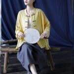 Buddha Stones Yellow Phoenix Print Frog-button Design Long Sleeve Ramie Linen Jacket Shirt Women's Shirts BS 21