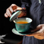 Buddha Stones Retro Green Glaze Ceramic Gaiwan Sancai Teacup Kung Fu Tea Cup And Saucer With Lid Cup BS 1