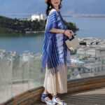 Buddha Stones Blue White Striped Indigo Dyeing Shawl Tassels Cozy Pullover 90*95cm 5