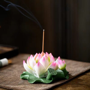 Buddha Stones Lotus Flower Leaf Pod Spiritual Healing Ceramic Stick Incense Burner Decoration Incense Burner BS Lotus Pink Edge 10.5*4.7cm