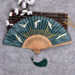 Buddha Stones Vintage Cloud Crane Pattern Handheld Bamboo Folding Fan Folding Fan BS Dark Green
