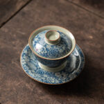 Buddha Stones Vintage Blue And White Porcelain Peach Blossom Lotus Peony Ceramic Gaiwan Sancai Teacup Kung Fu Tea Cup And Saucer With Lid Cup BS 4