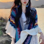 Buddha Stones Tibetan Shawl Colorful Striped Wavy Line Tassels Winter Cozy Travel Scarf Wrap Tibetan Shawl BS 3
