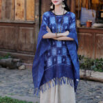 Buddha Stones Blue Color Block Plaid Shawl Tassels Soft Pullover 90*95cm 8