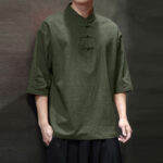 Buddha Stones Men's Chinese Frog-Button Tang Suit Half Sleeve Cotton Linen Shirt Men's Shirts BS 1