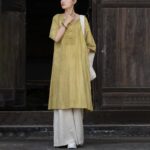 Buddha Stones Handmade Tie Dye Ramie Linen Frog-Button Midi Dress Wide Leg Pants With Pockets Midi Dress&Wide Leg Pants BS Yellow Dress&Khaki Pants F(Fit for US4-8/10; UK/AU8-12/14; EU36-40/42)