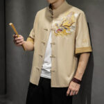 Buddha Stones Frog-Button Chinese Dragon Auspicious Cloud Embroidery Half Sleeve Shirt Cotton Linen Men Clothing Men's Shirts BS 32