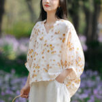 Buddha Stones Fruits Leaves Pattern Lantern Sleeve Top Loose Tee T-shirt T-shirt BS Yellow(Bust 130cm/Shoulder 37cm/Length 58-66cm)(Top Only)