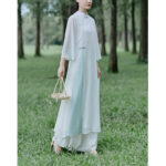 Buddha Stones Three Quarter Sleeve Chiffon Cheongsam Midi Dress Wide Leg Pants Meditation Zen Practice Clothing Women's Meditation Cloth BS 8