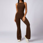 Buddha Stones Women Casual Sleeveless Jumpsuit Flare Pants Sports Fitness Yoga Bodysuit Bodysuit BS Brown XL(Bust 78cm/Waist 66cm/Hips 94cm)