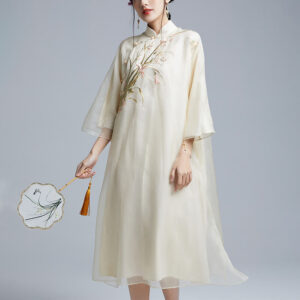 Buddha Stones 100% Mulberry Silk 6 Momme Dress Vintage Flower Butterfly Embroidery Qipao Dress Women's Cheongsam Dress Cheongsam Dresses BS Beige Bust 132cm/Suitable for Weight 70-90kg