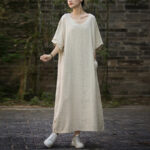 Buddha Stones Solid Color V-Neck Half Sleeve Ramie Linen Midi Dress With Pockets Midi Dress BS 8