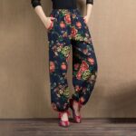 Buddha Stones Ethnic Style Red Green Flowers Print Harem Pants With Pockets Women's Harem Pants BS Navy Blue Red Flowers(Waist 63-100cm/Hips 122cm/Length 92cm)