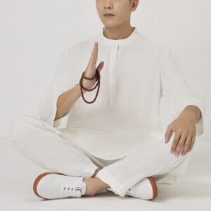 Buddha Stones 2Pcs Buttons Men's Three Quarter Sleeve Shirt Top Pants Meditation Zen Tai Chi Cotton Linen Clothing Set Men's Meditation Cloth BS White(Top&Pants) 2XL(Bust 120cm/Waist 76-102cm/Pants Length 103cm)