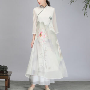 Buddha Stones Lotus Flower Pod Chiffon Cheongsam Midi Dress Meditation Zen Practice Clothing Women's Meditation Cloth BS Midi Dress(Dress Only) 2XL(Bust 106cm/Shoulder 42cm/Length 127cm)