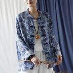 Buddha Stones Retro Blue White Flowers Frog-Button Design Long Sleeve Ramie Linen Jacket Shirt 23