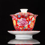 Buddha Stones Peony Flowers Ceramic Gaiwan Sancai Teacup Kung Fu Tea Cup And Saucer With Lid Cup BS Red 9.5cm*9.3cm*160ml