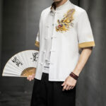 Buddha Stones Frog-Button Chinese Dragon Auspicious Cloud Embroidery Half Sleeve Shirt Cotton Linen Men Clothing Men's Shirts BS White 5XL(Fit for US/UK/AU44; EU54)