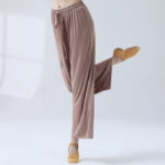 Buddha Stones Loose Modal Drawstring Wide Leg Pants For Yoga Dance Wide Leg Pants BS Khaki 3XL(Waist 70cm/Hips 116.5cm/Length 104cm)