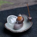 Buddha Stones Lotus Plum Blossom Square Ceramic Spiritual Backflow Incense Burner Incense Burner BS Plum Blossom