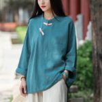 Buddha Stones Ramie Linen Loose Blouse Women Long Sleeve Shirt Chinese Hanfu Top Long Sleeve Shirt BS Cyan(Bust 132cm)(Top Only)