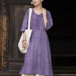 Buddha Stones Handmade Tie Dye Ramie Linen Frog-Button Midi Dress Wide Leg Pants With Pockets Midi Dress&Wide Leg Pants BS Purple Dress(Dress Only) F(Fit for US4-8/10; UK/AU8-12/14; EU36-40/42)
