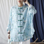 Buddha Stones Light Green Pink Flowers Green Leaves Frog-Button Long Sleeve Ramie Linen Jacket Shirt 22