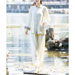 Buddha Stones 2Pcs Frog-Button Long Sleeve Shirt Top Pants Meditation Zen Tai Chi Cotton Linen Clothing Women's Set Women's Meditation Cloth BS 4