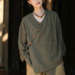 Buddha Stones Solid Color Ramie Linen Loose Blouse Long Sleeve Shirt Chinese Hanfu Top Long Sleeve Shirt BS 11